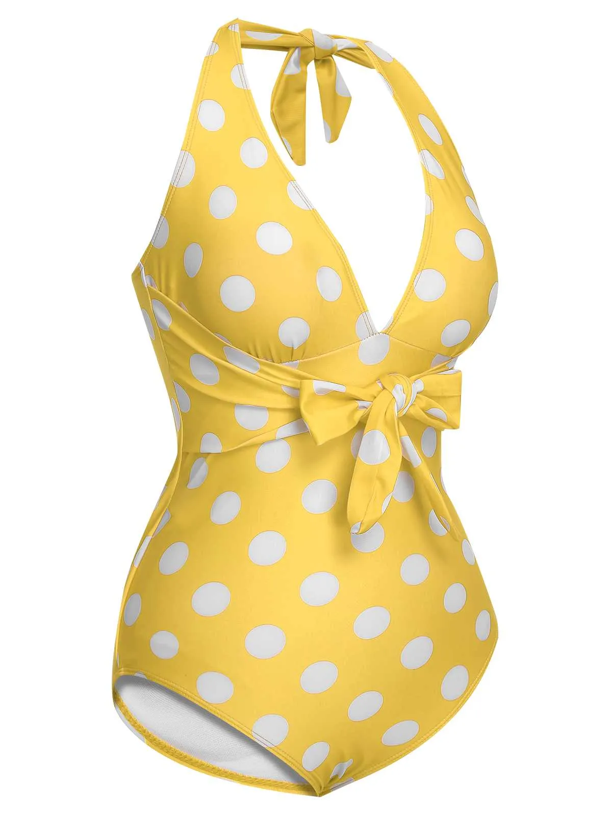 1930s Halter Lace-Up Polka Dots One-Piece Swimsuit