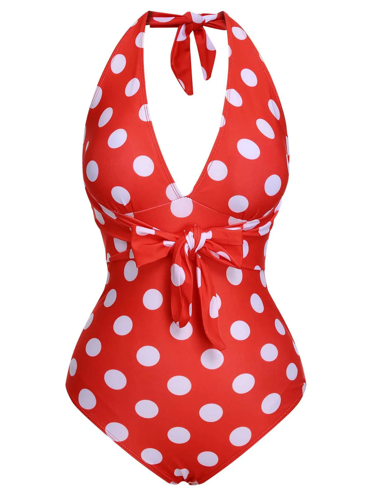 1930s Halter Lace-Up Polka Dots One-Piece Swimsuit