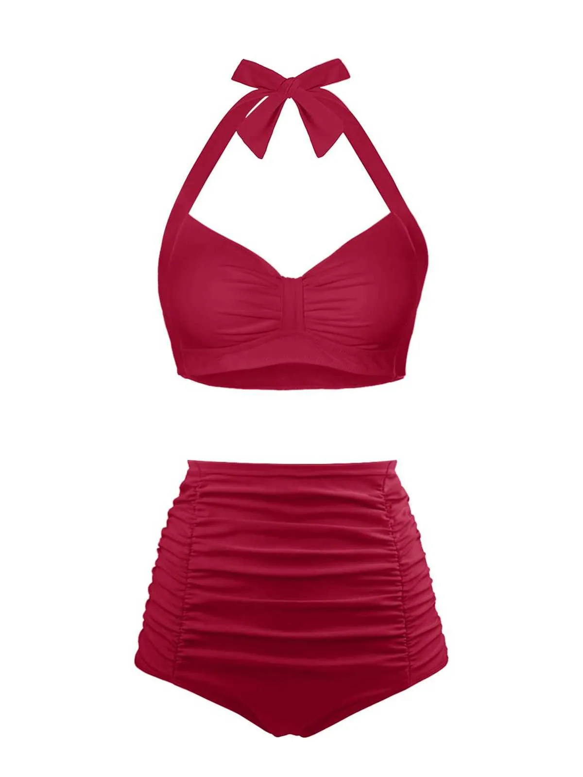 1940s Halter Pleated Solid Swimsuit