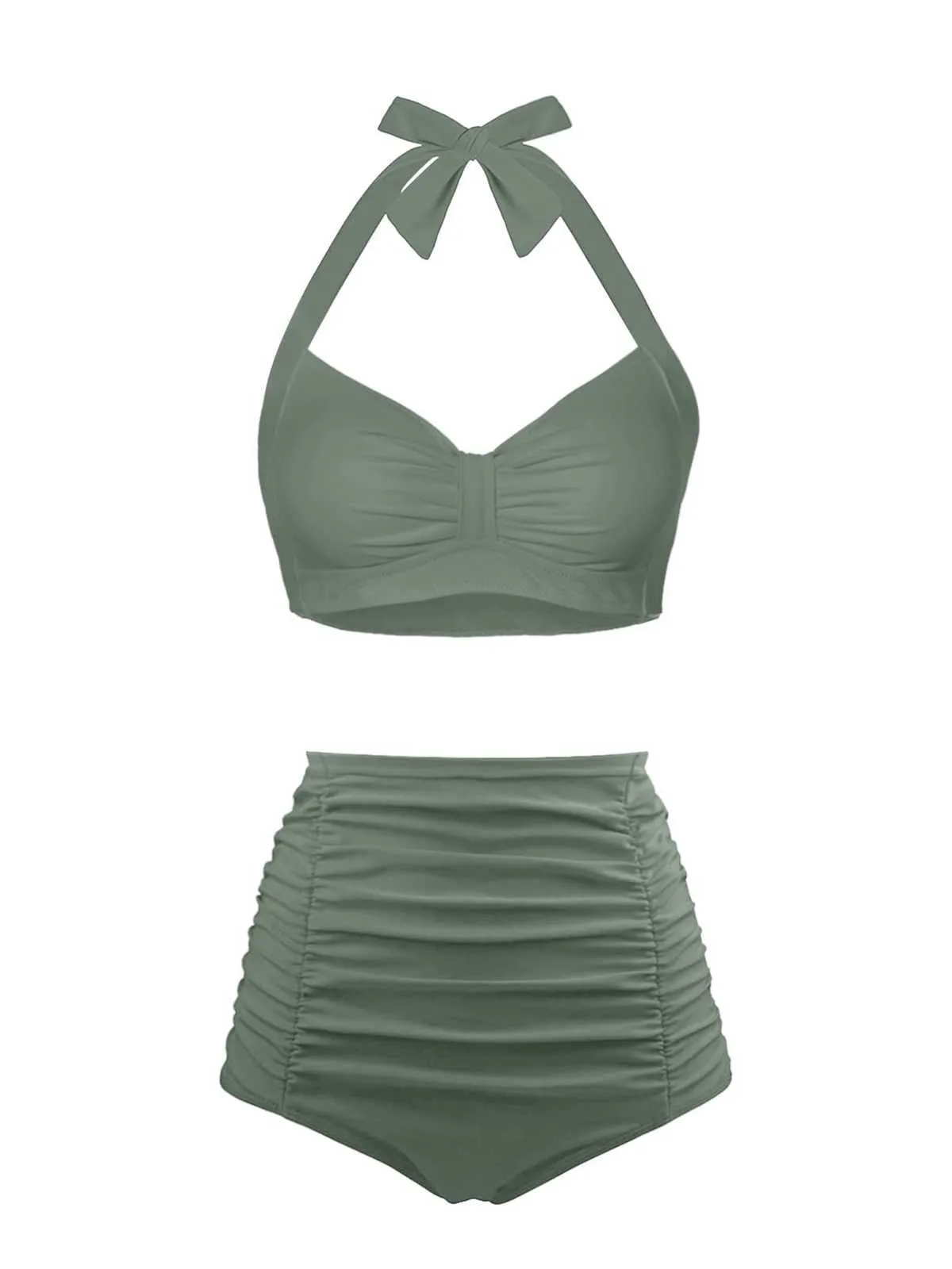 1940s Halter Pleated Solid Swimsuit