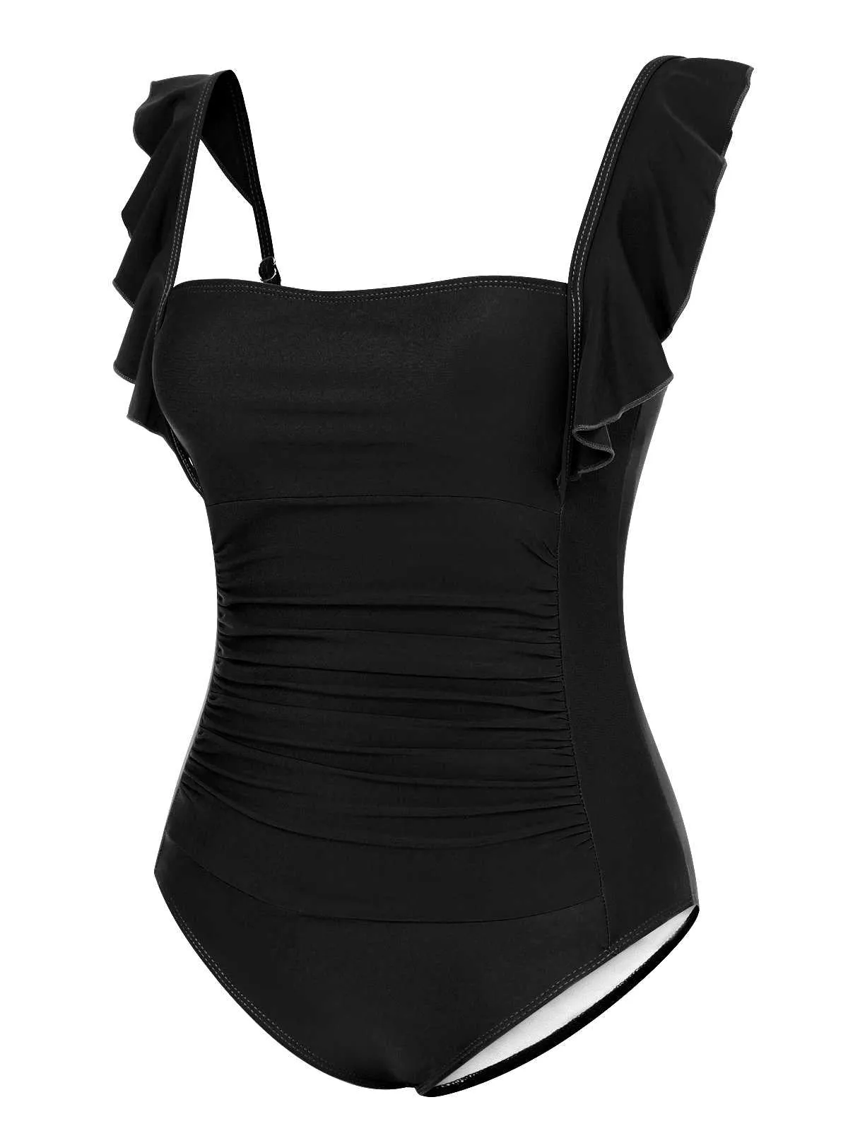 1950s Ruffles Backless Solid One-Piece Swimsuit