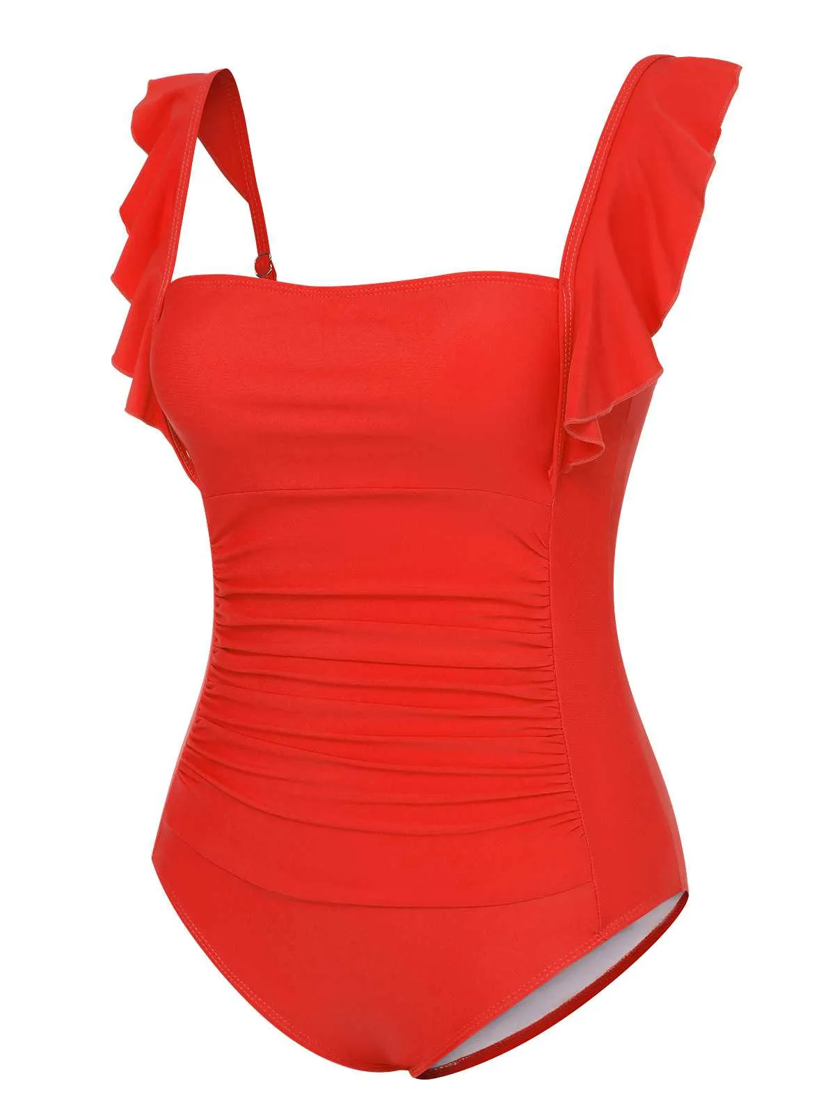 1950s Ruffles Backless Solid One-Piece Swimsuit