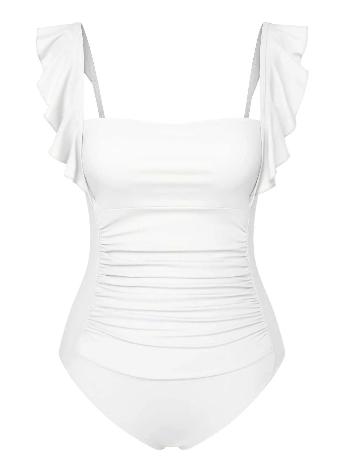 1950s Ruffles Backless Solid One-Piece Swimsuit