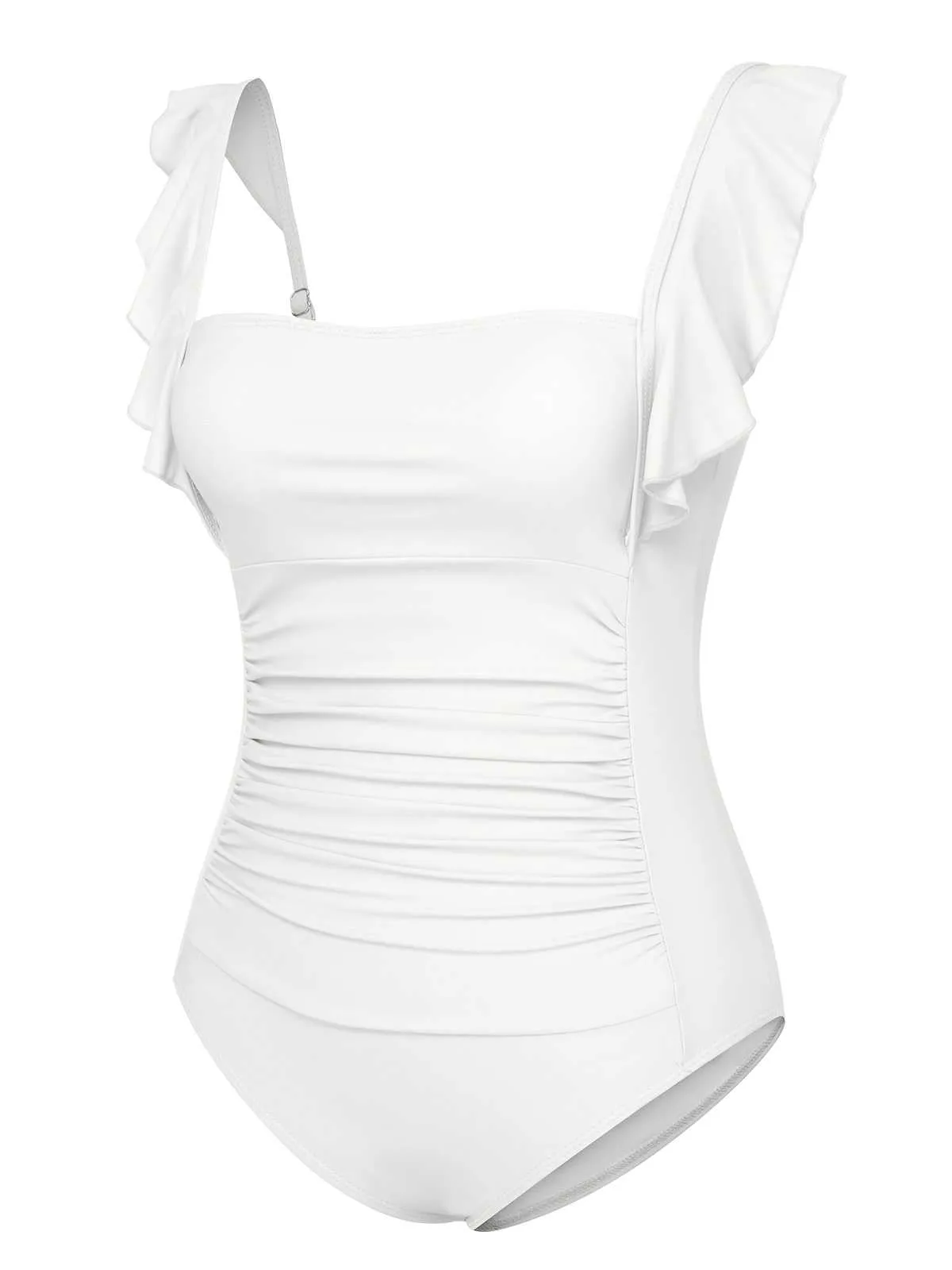 1950s Ruffles Backless Solid One-Piece Swimsuit
