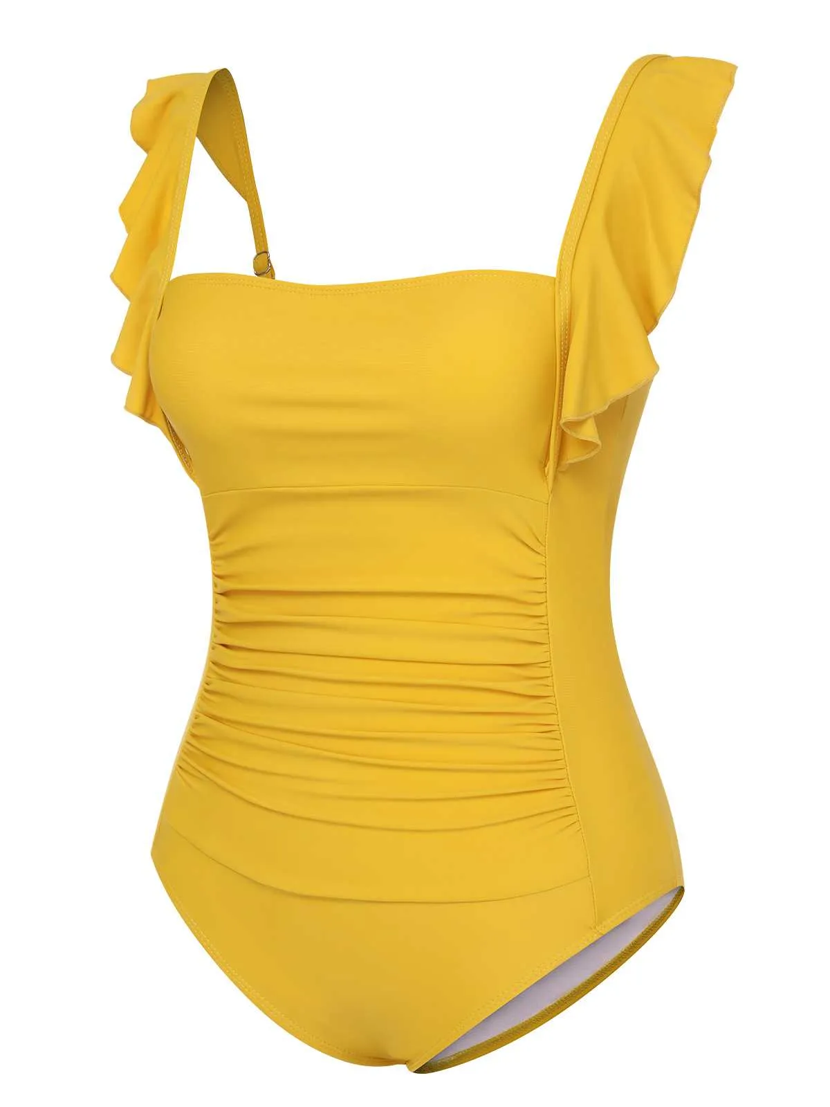 1950s Ruffles Backless Solid One-Piece Swimsuit
