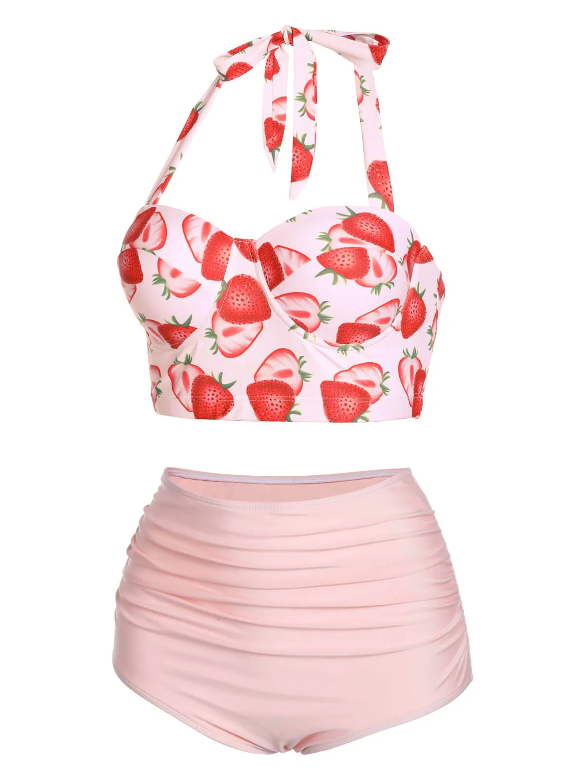 1950s Strawberry Halter Lace-Up Pleated Bikini Set