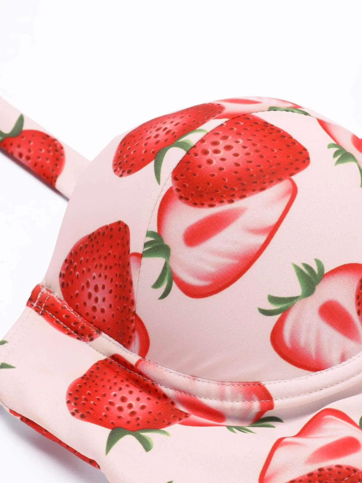 1950s Strawberry Halter Lace-Up Pleated Bikini Set