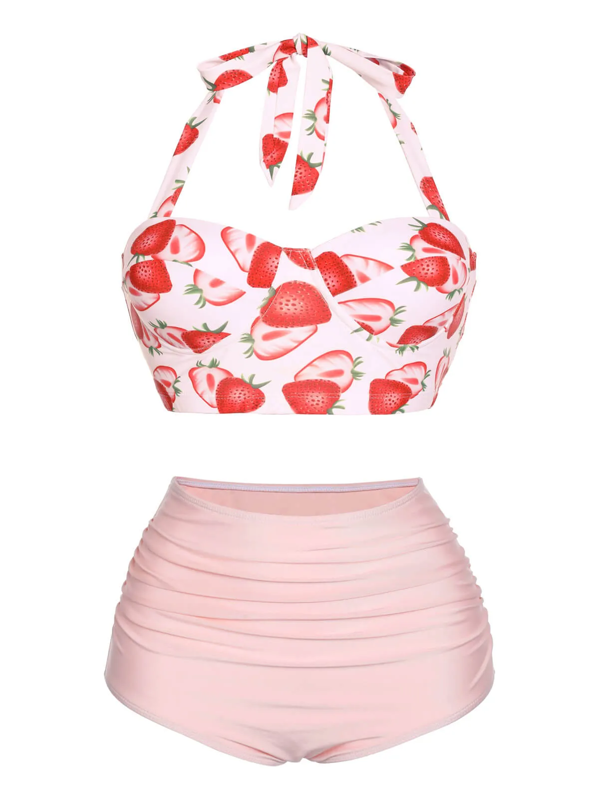 1950s Strawberry Halter Lace-Up Pleated Bikini Set