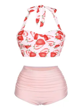 1950s Strawberry Halter Lace-Up Pleated Bikini Set