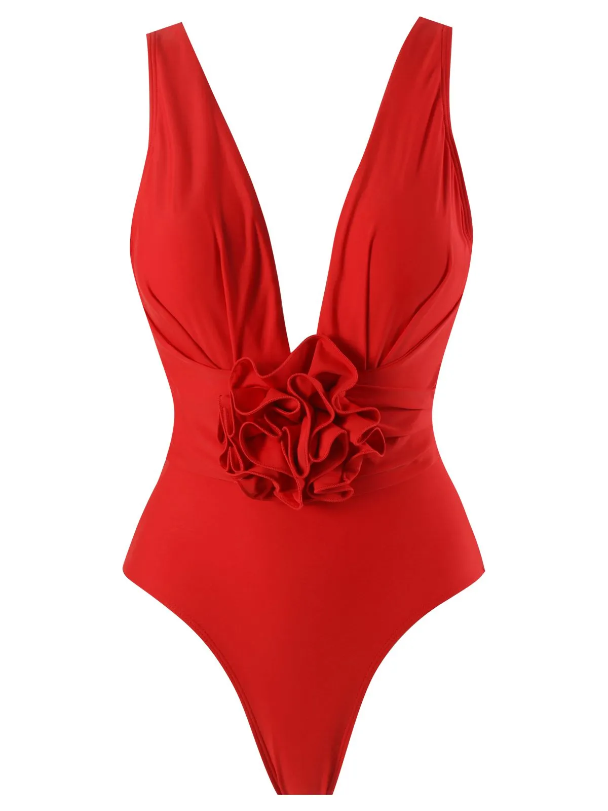 2PCS Red 1960s Solid 3D Flowers Swimsuit & Cover-Up