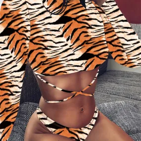 Animal Print Long Sleeve Mid Rise Thong Bottom Bikinis