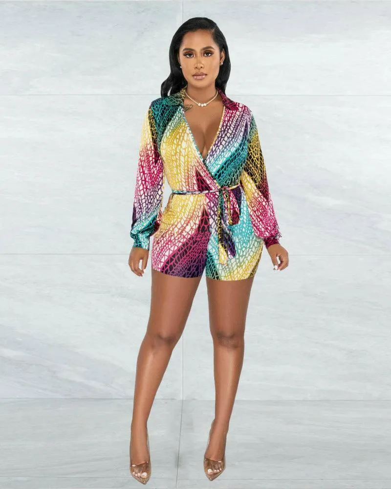 Athena Deep V-Neck printing strapping jumpsuit-Multicolor-FINALSALE