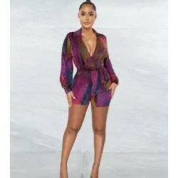 Athena Deep V-Neck printing strapping jumpsuit-Multicolor-FINALSALE