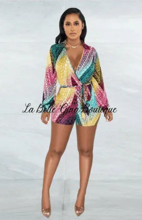 Athena Deep V-Neck printing strapping jumpsuit-Multicolor-FINALSALE