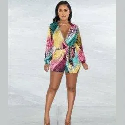 Athena Deep V-Neck printing strapping jumpsuit-Multicolor-FINALSALE