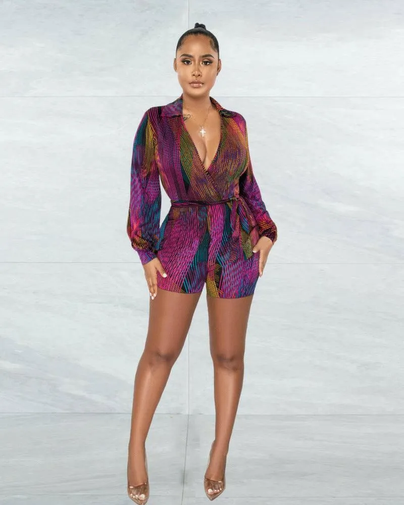 Athena Deep V-Neck printing strapping jumpsuit-Multicolor-FINALSALE