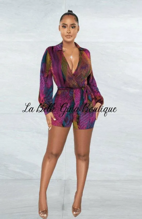 Athena Deep V-Neck printing strapping jumpsuit-Multicolor-FINALSALE