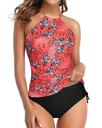 Backless Halter Tankini Two Piece Swimsuits For Women Tummy Control-Red Floral