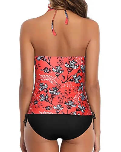 Backless Halter Tankini Two Piece Swimsuits For Women Tummy Control-Red Floral