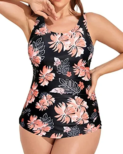 Backless Plus Size One Piece Bathing Suit For Women-Black Orange Floral