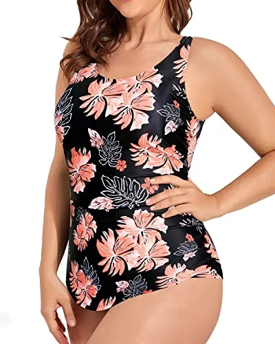 Backless Plus Size One Piece Bathing Suit For Women-Black Orange Floral