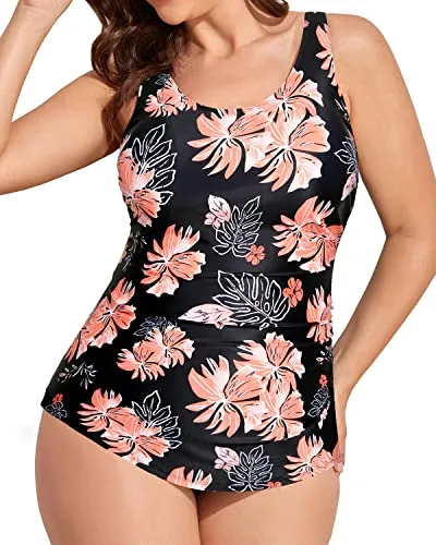 Backless Plus Size One Piece Bathing Suit For Women-Black Orange Floral