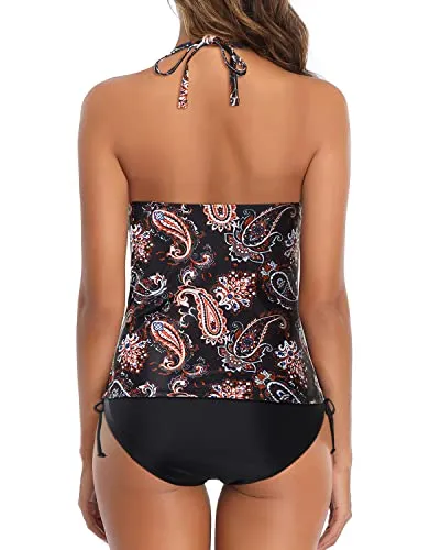 Backless Tankini Top With Bikini Bottom Swimsuits For Women-Black Tribal
