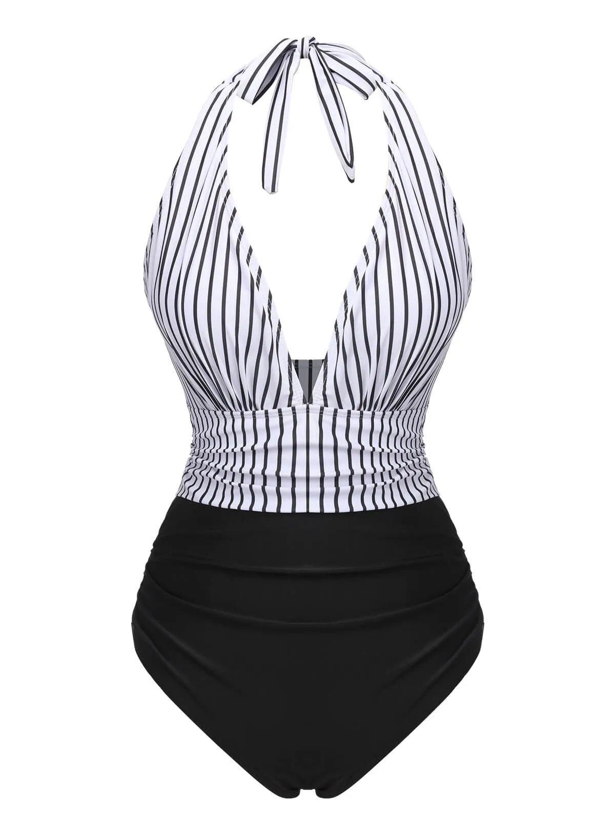 Black 1950s Deep V-Neck Stripe Swimsuit