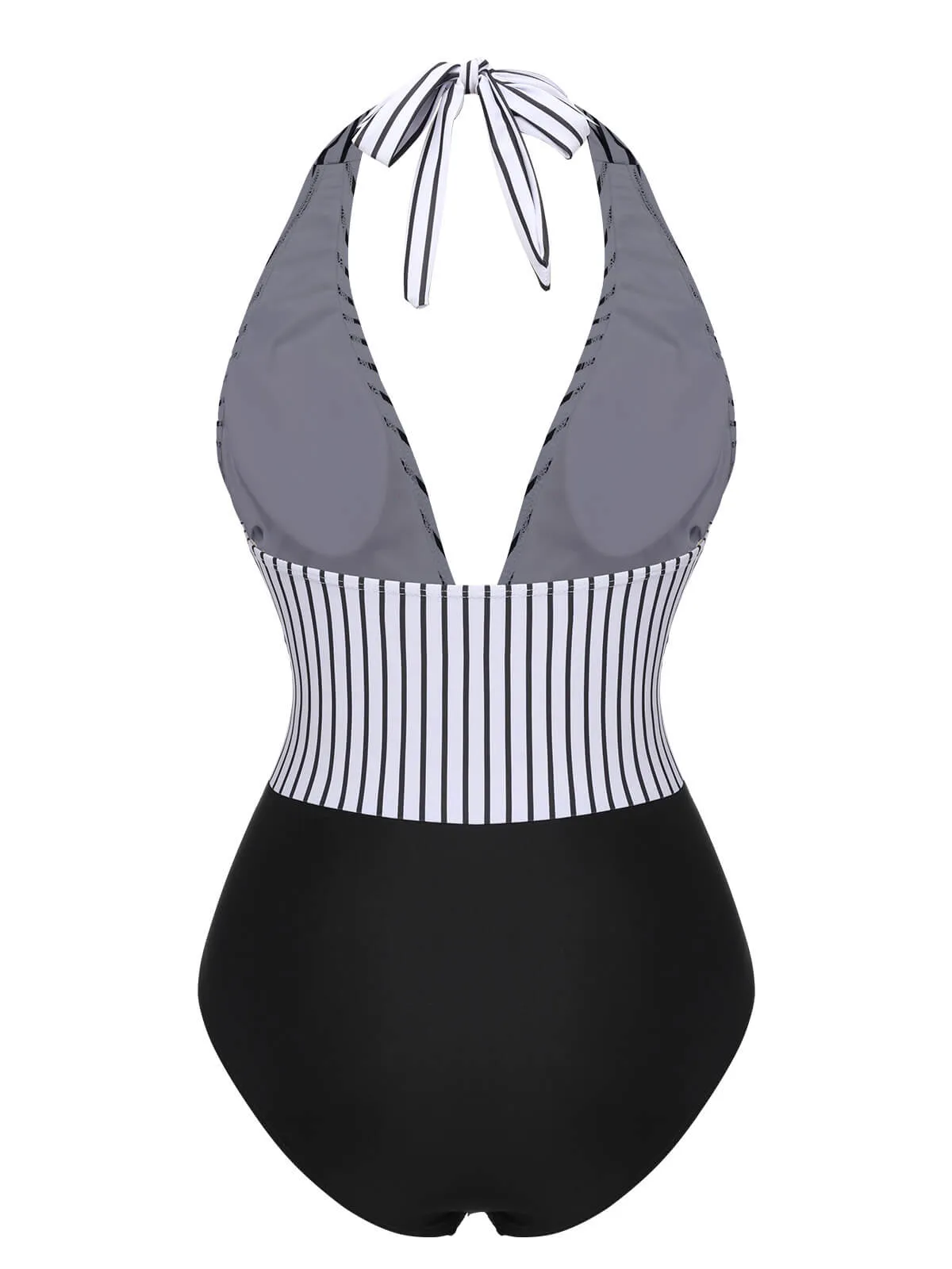 Black 1950s Deep V-Neck Stripe Swimsuit