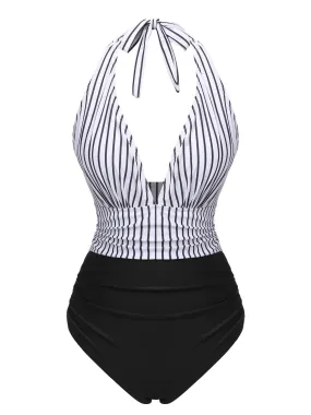 Black 1950s Deep V-Neck Stripe Swimsuit