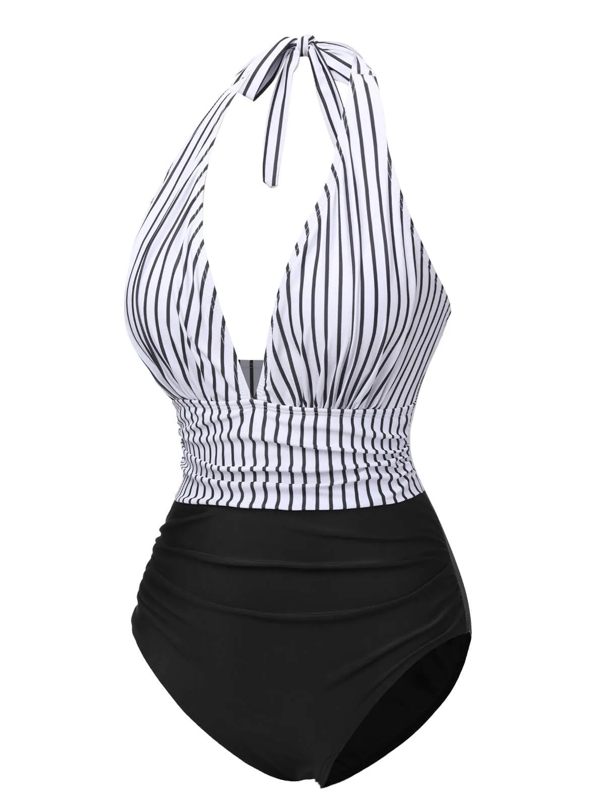 Black 1950s Deep V-Neck Stripe Swimsuit