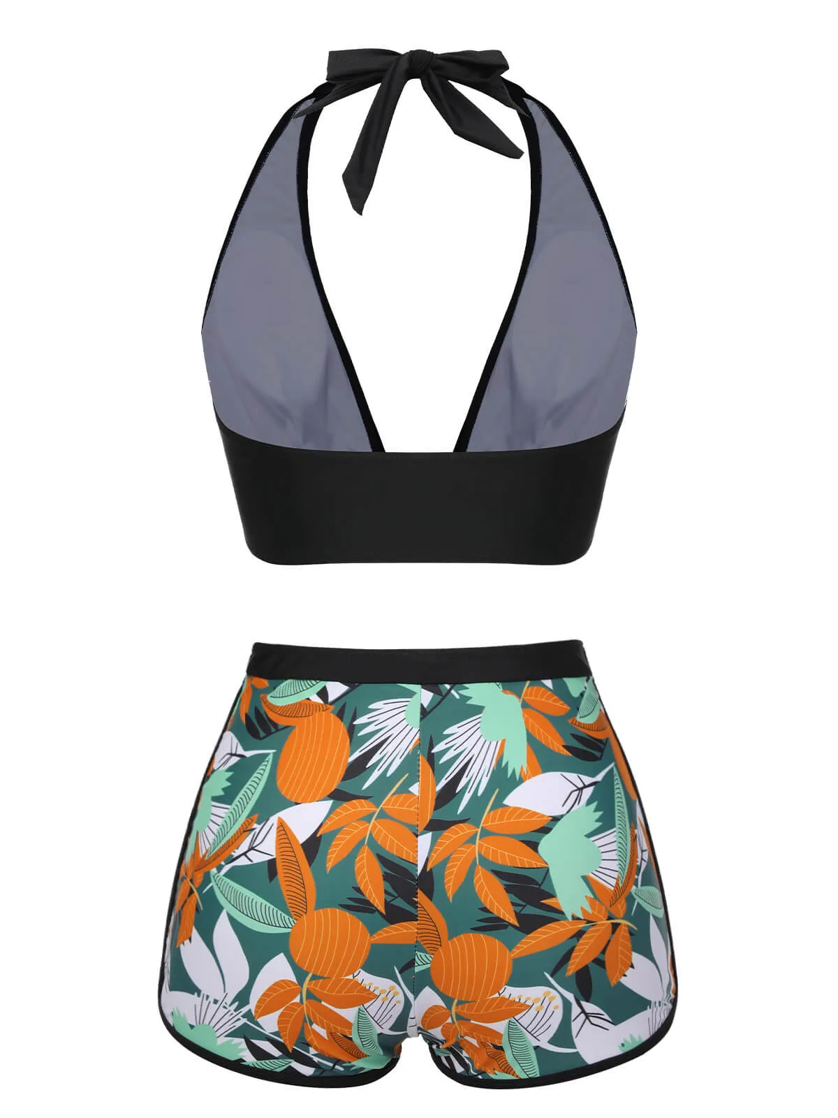 Black 1950s Plants Silhouette V-Neck Bikini Set