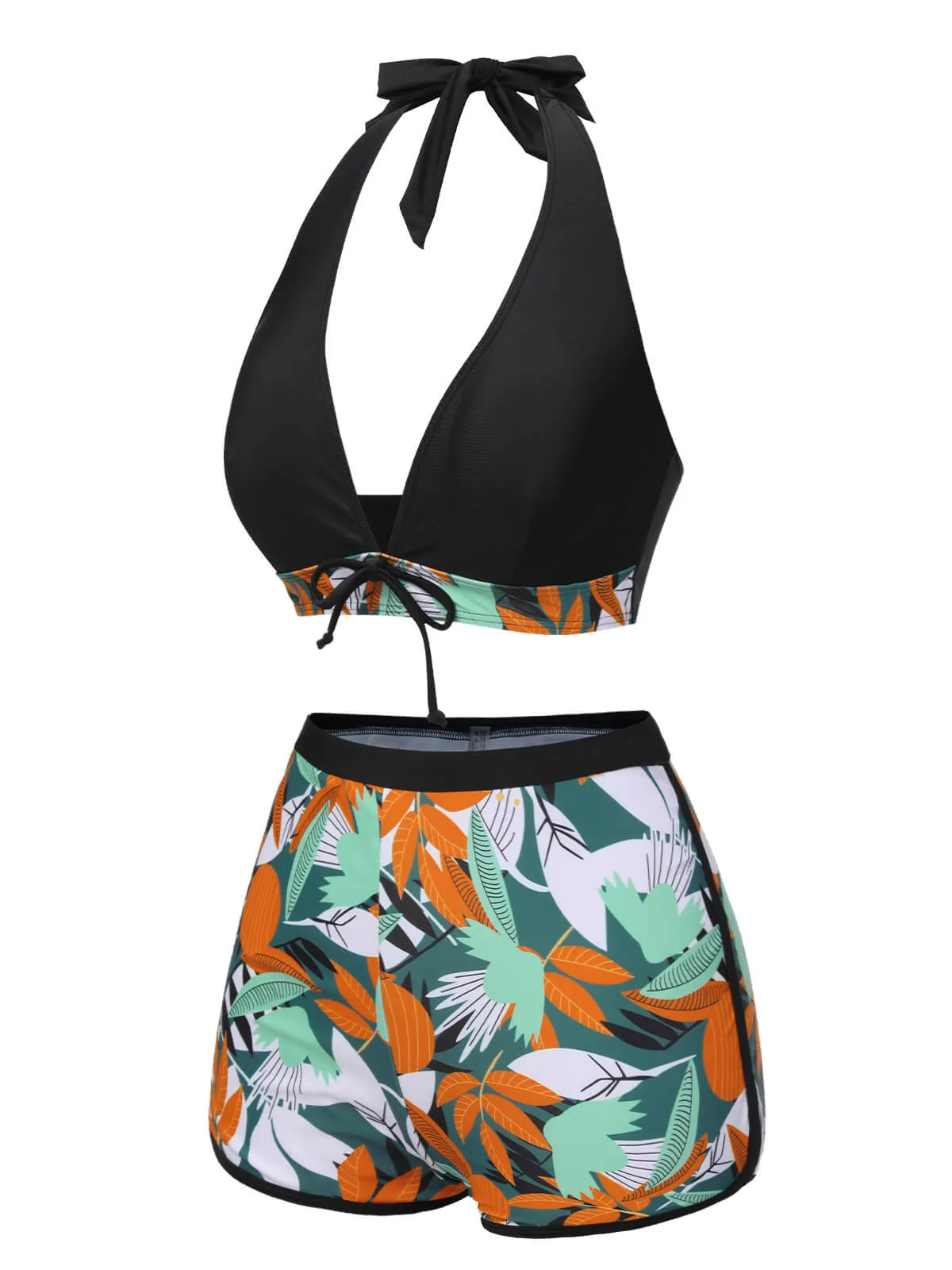 Black 1950s Plants Silhouette V-Neck Bikini Set