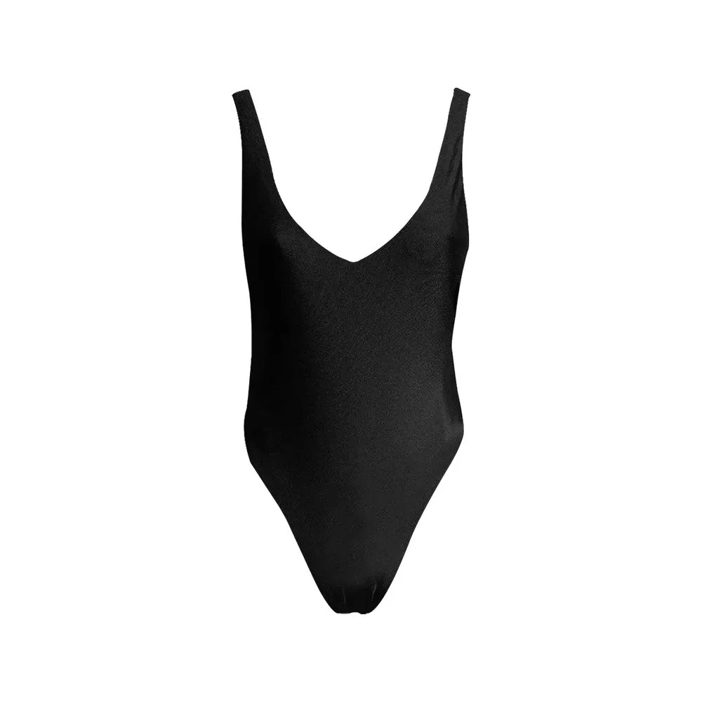 black solid print skirt Sexy Low Back One-Piece Swimsuit (Model S09)