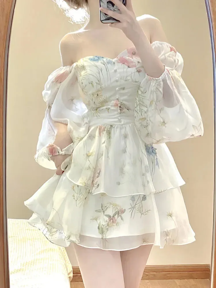 Bonnyshow  French Elegant Floral Mini Dress Chiffon Long Sleeve Evening Party Dress Women Holiday Beach Boho Fairy Dress Korean Robes