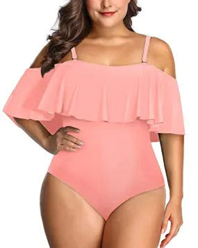 Chic And Trendy Off Shoulder Ruffle One Piece Swimsuit-Coral Pink