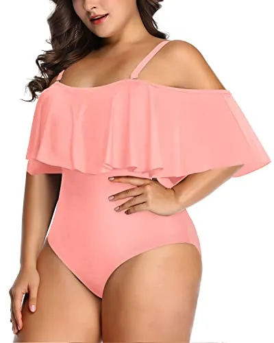 Chic And Trendy Off Shoulder Ruffle One Piece Swimsuit-Coral Pink