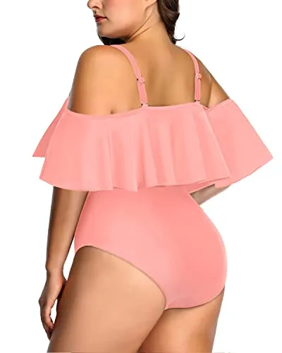 Chic And Trendy Off Shoulder Ruffle One Piece Swimsuit-Coral Pink