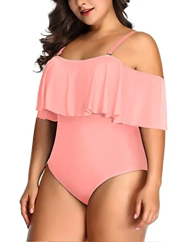 Chic And Trendy Off Shoulder Ruffle One Piece Swimsuit-Coral Pink