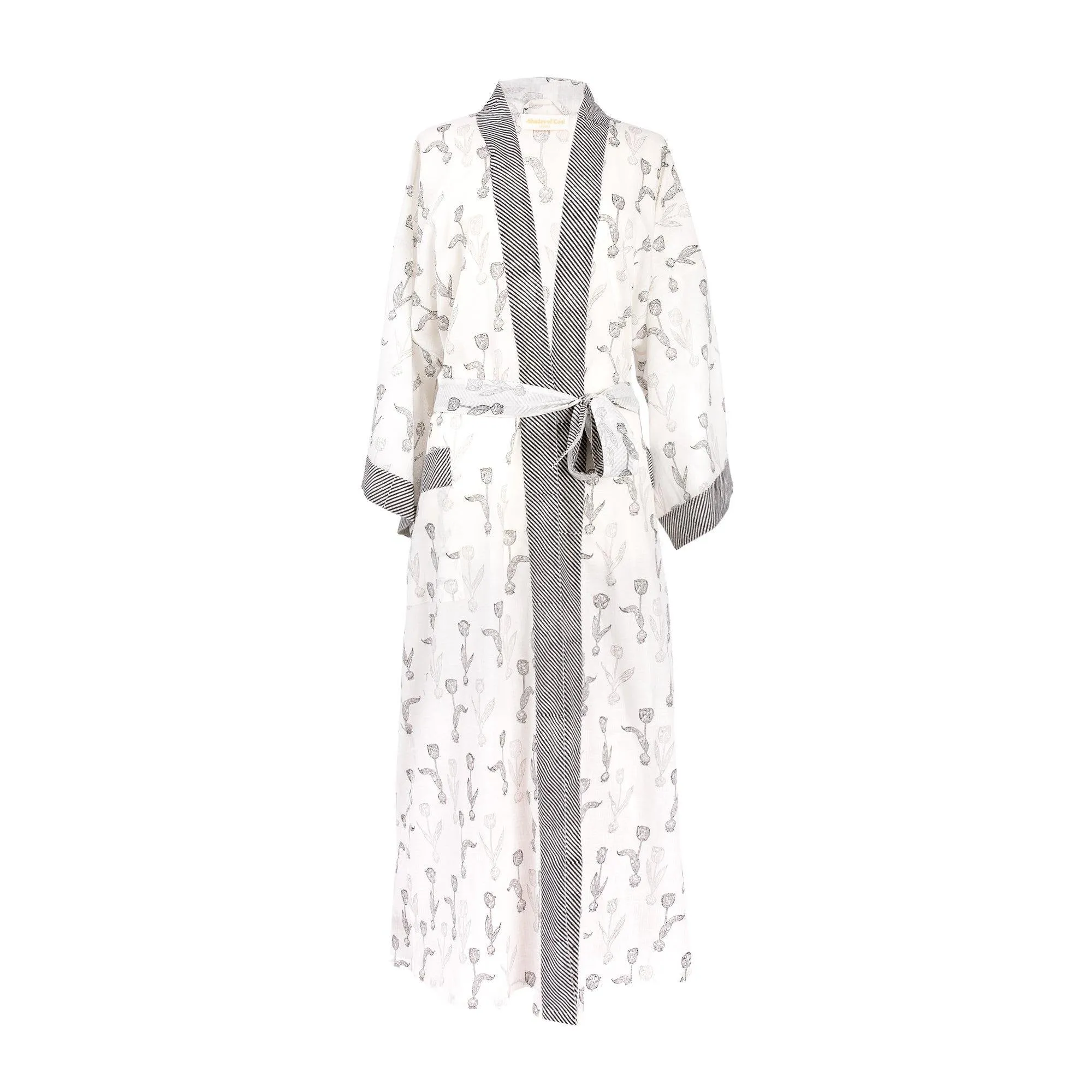 Cotton Kimono Robe, Hand Block Printed, Tulips