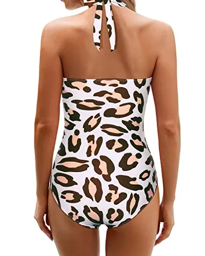 Curve Enhancing High Neck Halter Backless Bathing Suits For Women-Leopard