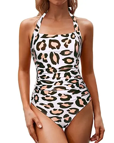 Curve Enhancing High Neck Halter Backless Bathing Suits For Women-Leopard
