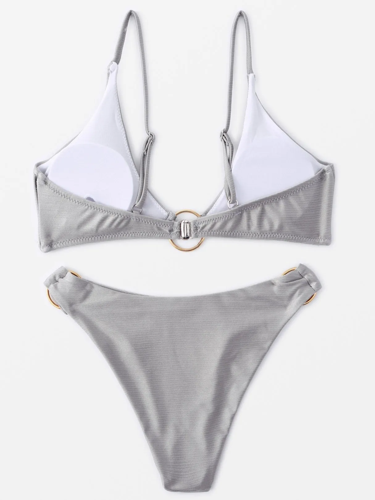 Custom Metallic Buckle Sleeveless Silver Bikini Set