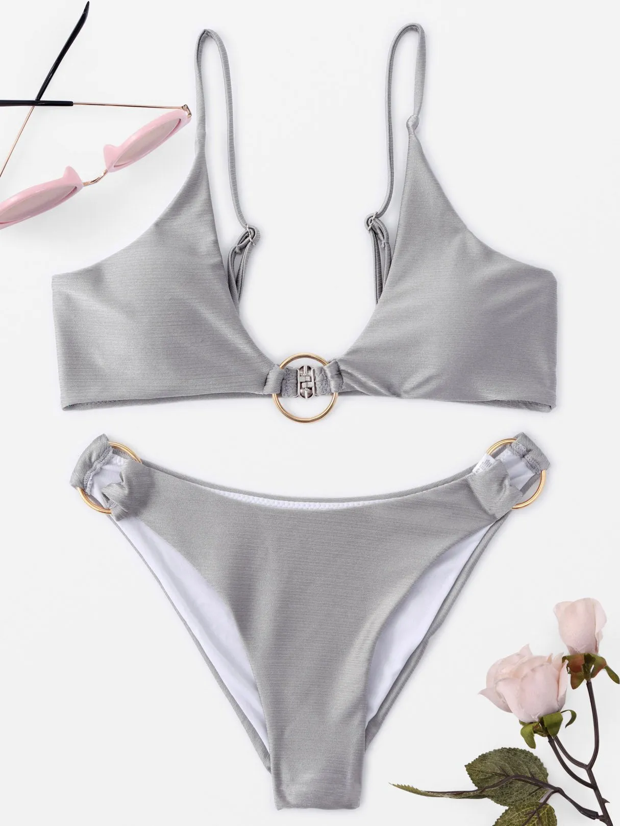 Custom Metallic Buckle Sleeveless Silver Bikini Set