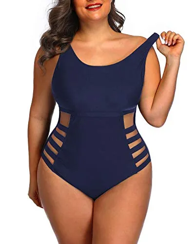 Cutout Monokini Swimsuit Plus Size Side Cutout Sexy Swimwear-Navy Blue
