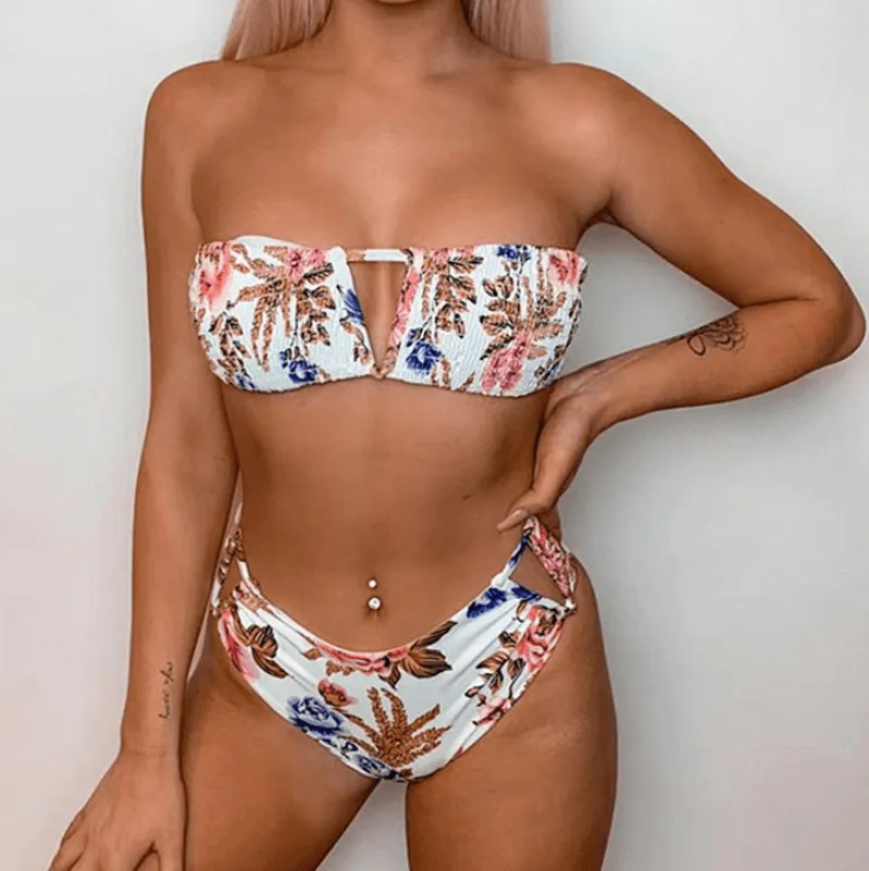 Cutout Thong Bottom Smocked Tube Bikinis