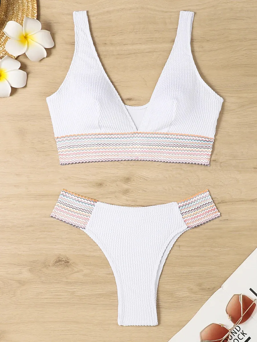 Deep V Bikini Ribbed Swimsuit Solid Swimwear New Summer Fashion Beachwear
