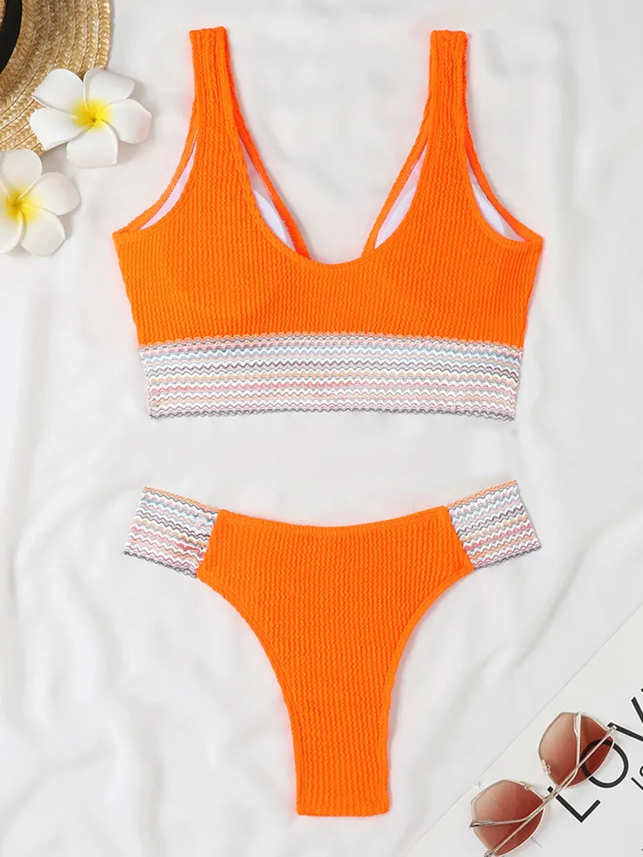 Deep V Bikini Ribbed Swimsuit Solid Swimwear New Summer Fashion Beachwear