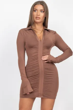 DEEP V NECK FRONT RUCHED MINI DRESS