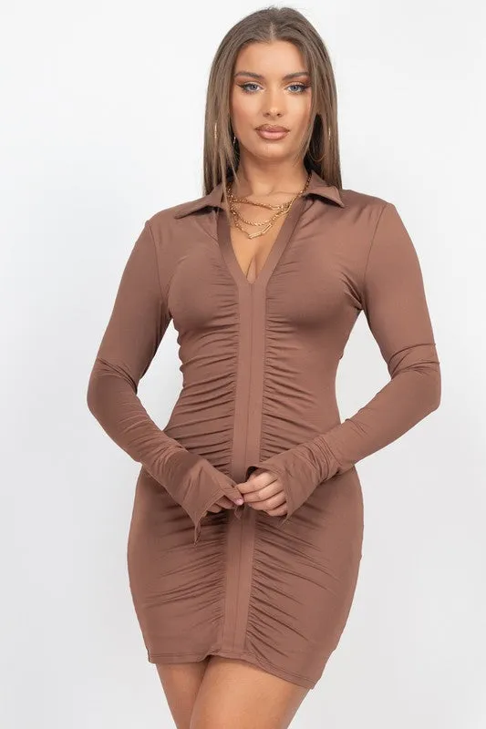 DEEP V NECK FRONT RUCHED MINI DRESS